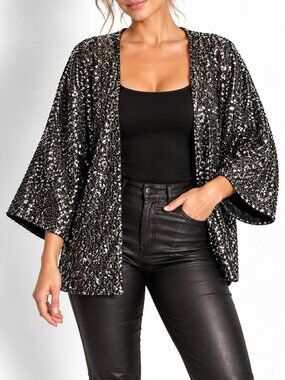 Lane Bryant 18/20 Black Silver Sequin Open Front Kimono Jacket Party Cover Up